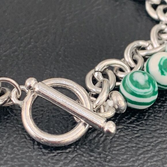 Men’s Malachite Green & Hematite Black Beaded Bracelet with Silver Chain - Picture 5 of 9